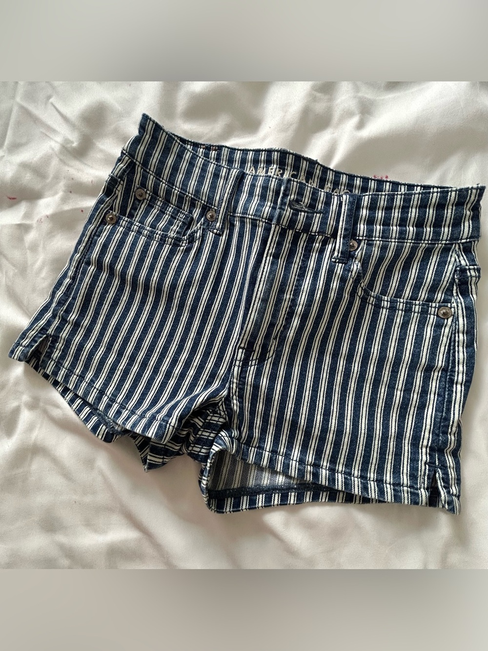 American Eagle Outfitters Navy and White Striped Denim Shorts